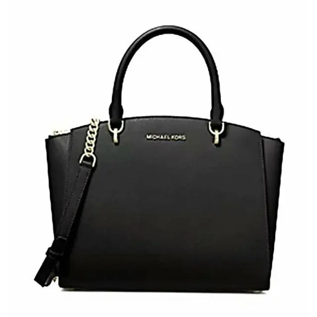 Michael Kors Women`s Ellis Large Leather Satchel Crossbody Handbag Black - Hardware: Gold, Exterior: Black, Lining: Black
