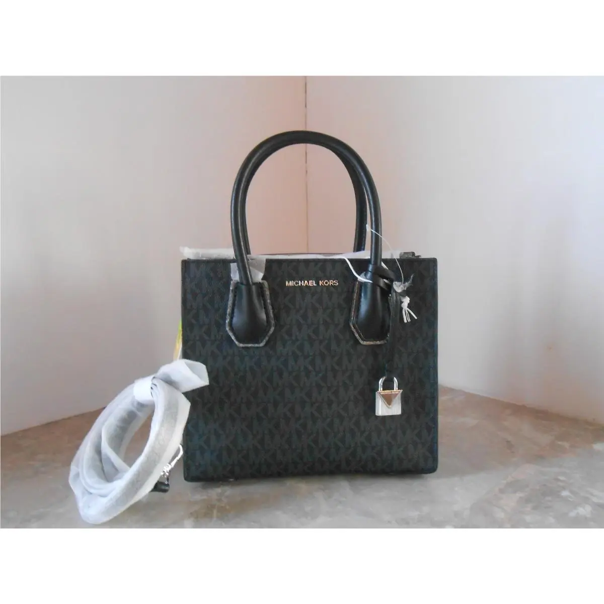 Michael Kors Mercer Studio MK Logo Pvc Messenger Black Pewter