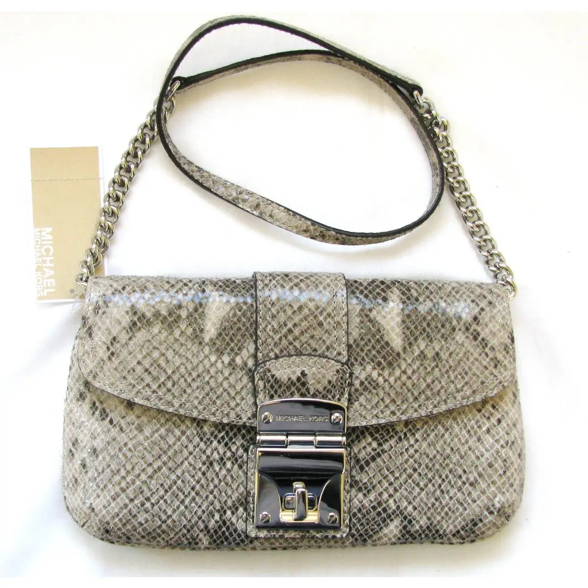 Michael Kors Jenna Angora Sand Python Leather+silver Clutch Shoulder Bag