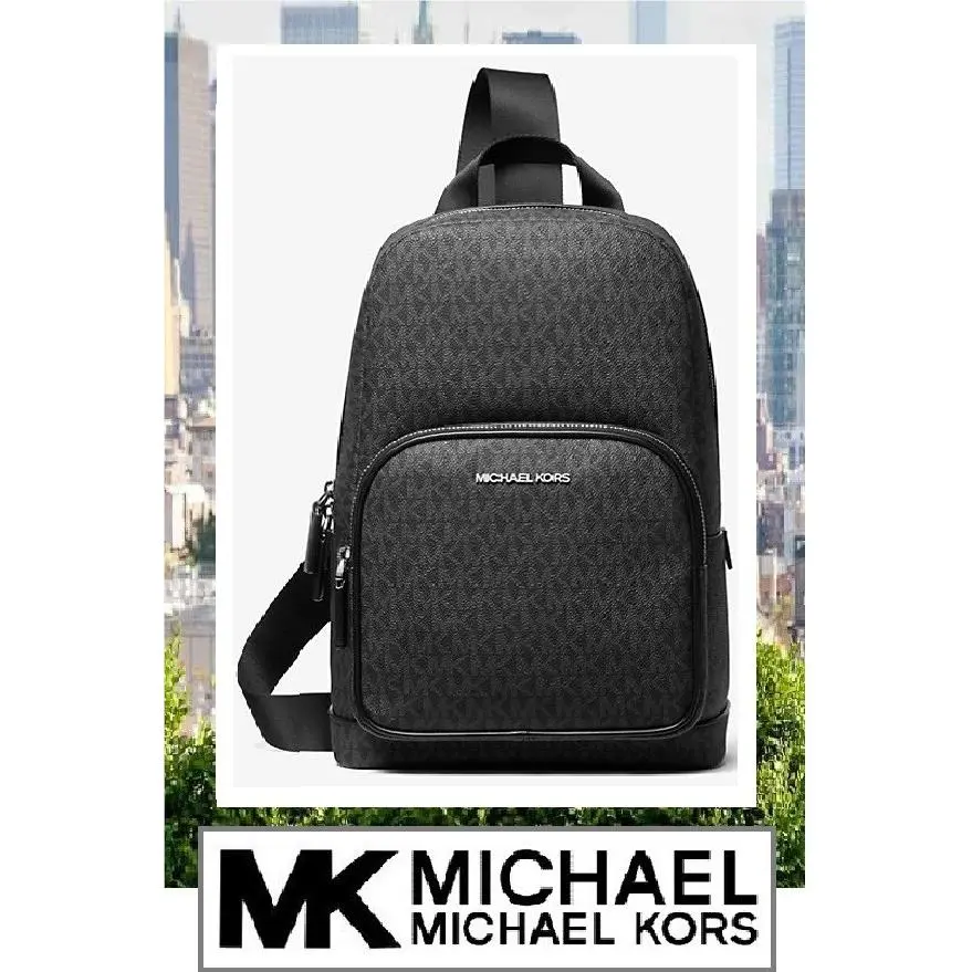 Michael Kors Men`s Cooper Commuter Sling Pack Crossbody Bag In Black MK Sig