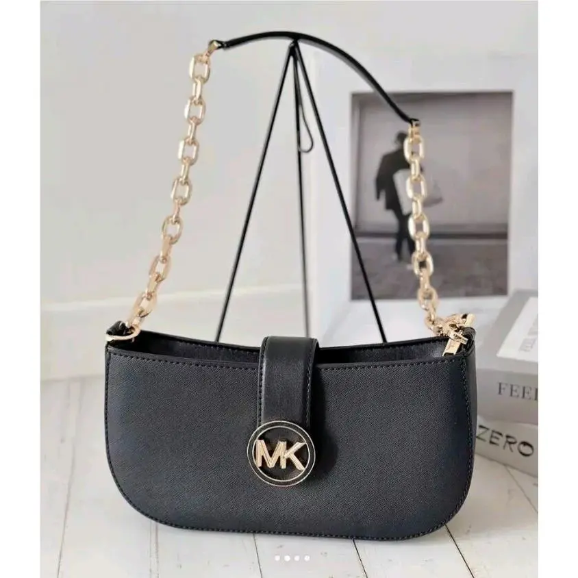 Michael Kors Carmen Small Pouchette Chain Shoulder Bag Black Vegan Leather Gold