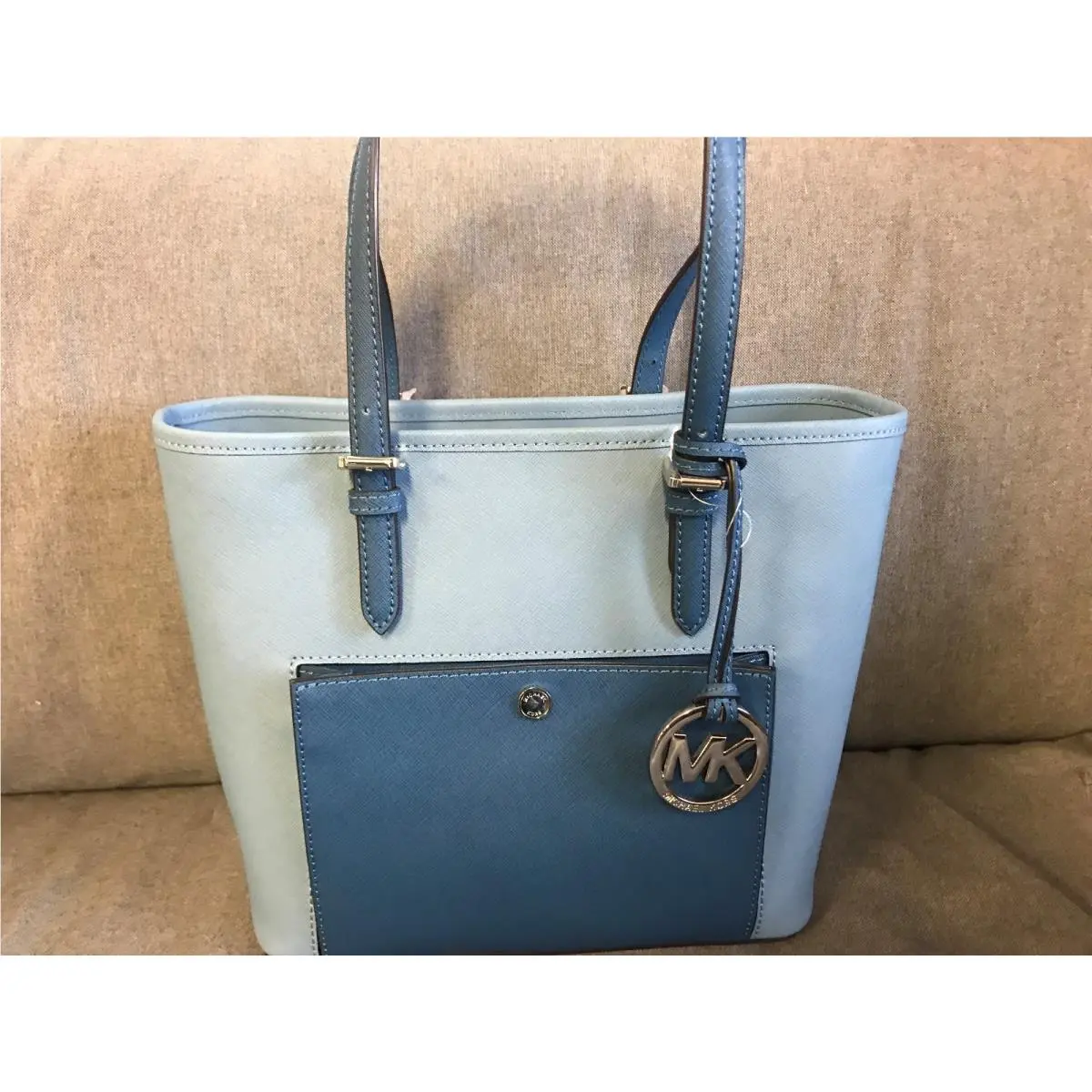 Sky Blue Steel Blue Leather Jet Set Medium Snap Pocket Tote Bag by Michael Kors
