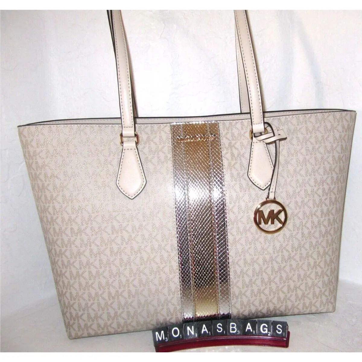 Michael Kors Sheila Large Signature Logo Pale Gold Metallic Tote Bag