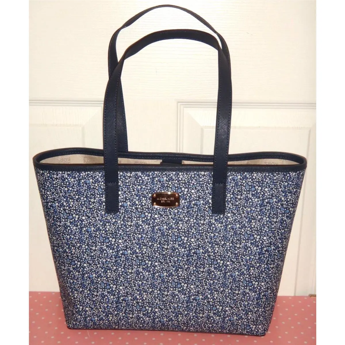 Michael Kors Women`s Jet Set Floral SM MK Travel Tote Bag Navy Blue Pvc Leather