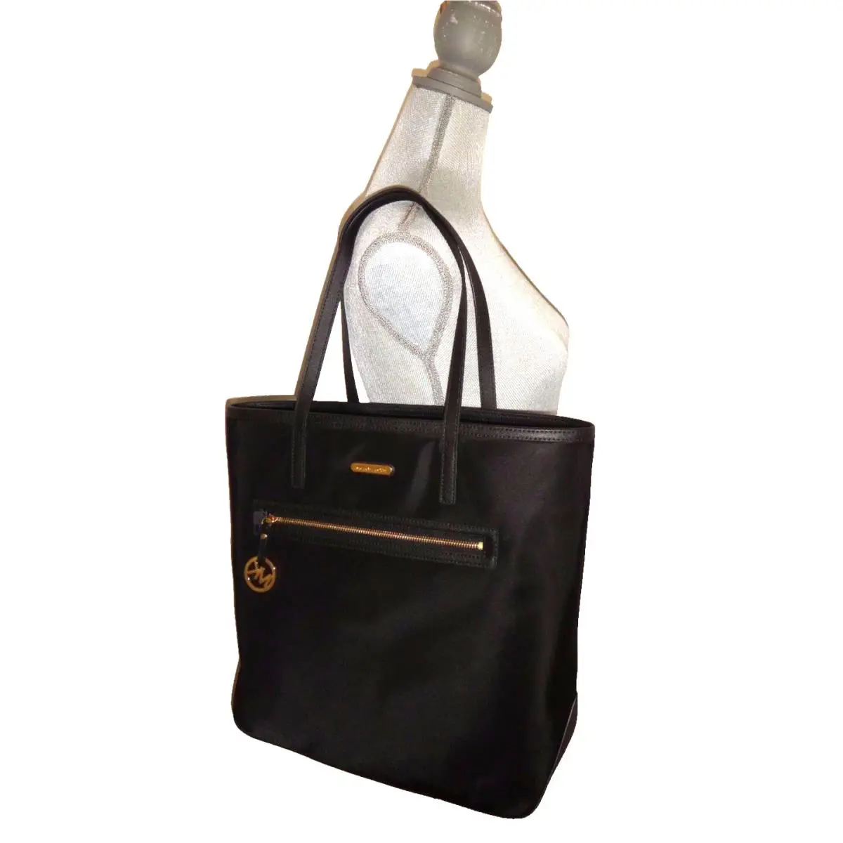 Michael Kors Women`s Kempton MK LG Tote Purse Bag Black Nylon Leather 38S7XKPT3C