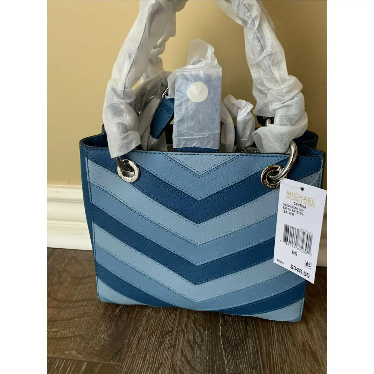 Kors Cynthia Small NS Leather Satchel Sky Chevron