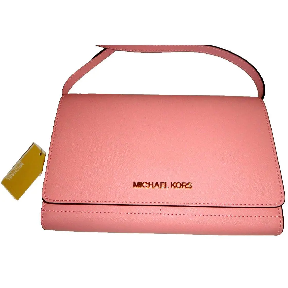 Michael Kors MK Convertible Cross-body Clutch Bag Wallet on Strap Pink Saffiano