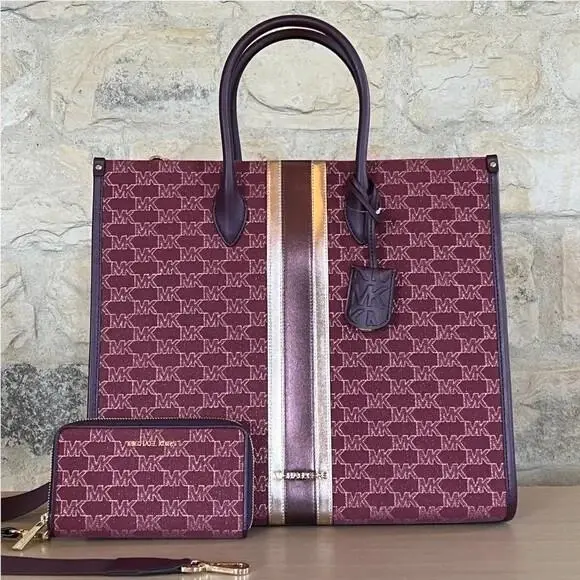 Mirella Large NS Center Striped Tote Bag + Wallet Mulberry by Michael Kors