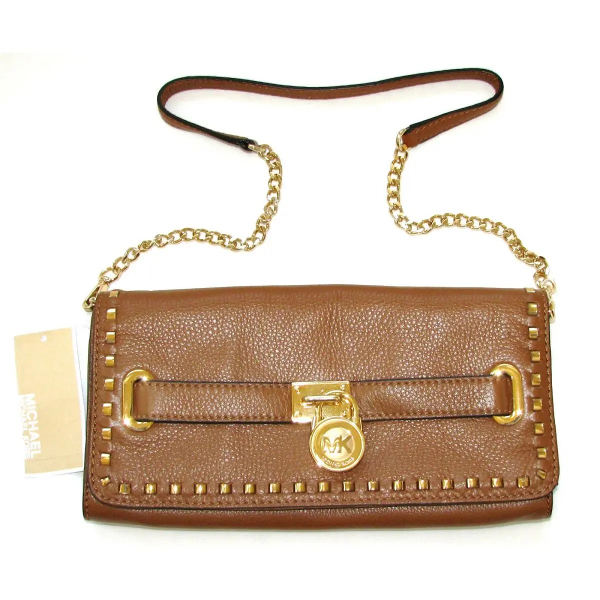 New-michael Kors Hamilton Whipped Luggage Brown Leather+gold Clutch Shoulder Bag by Michael Kors