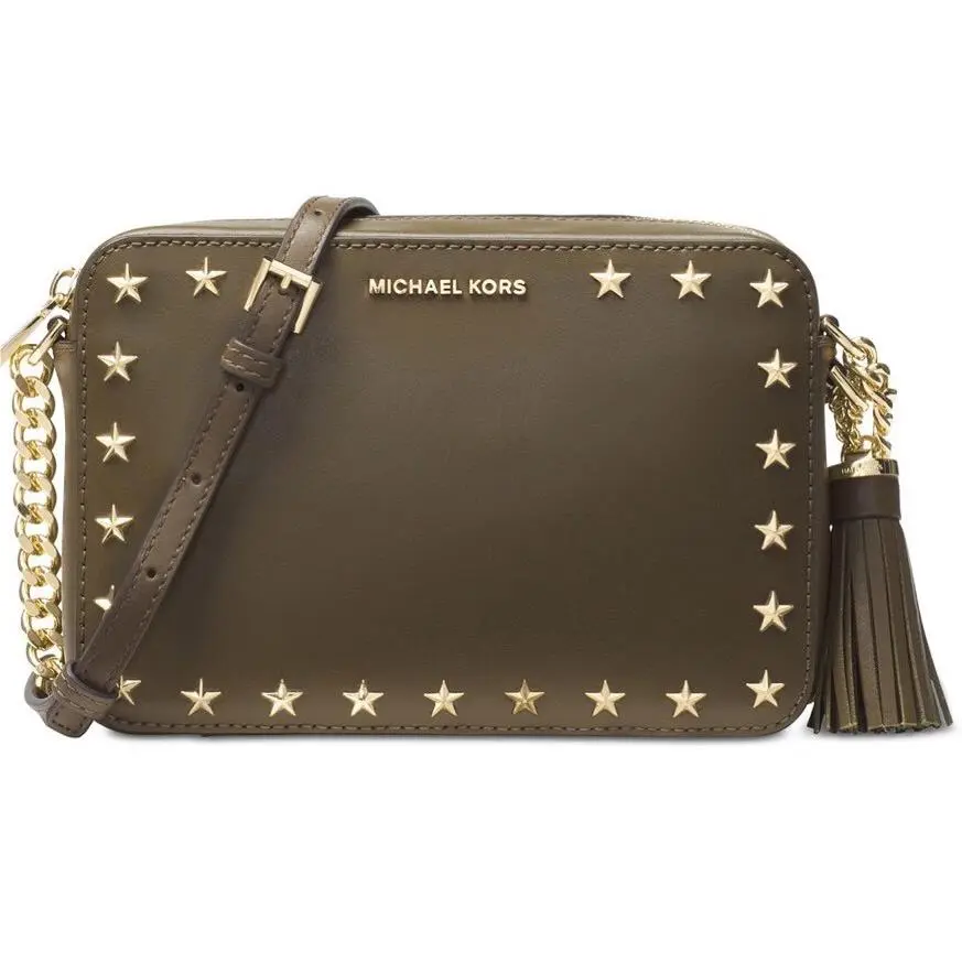 Michael Kors Medium Camera Bag Olive Leather Gold Star Studded Bag Messenger