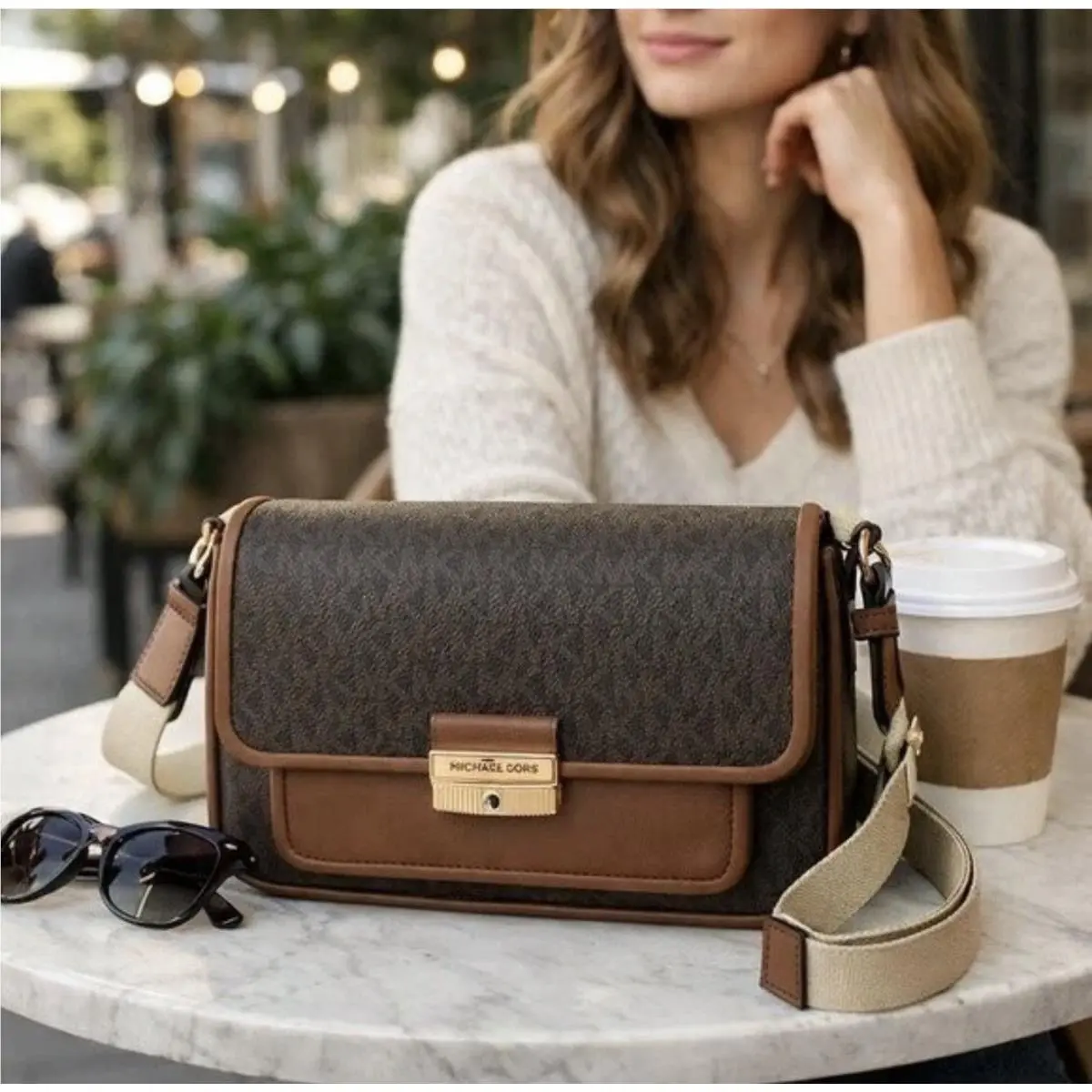 Michael Kors Bradshaw Women Medium MK Logo Pocket Crossbody Messenger Bag Brown