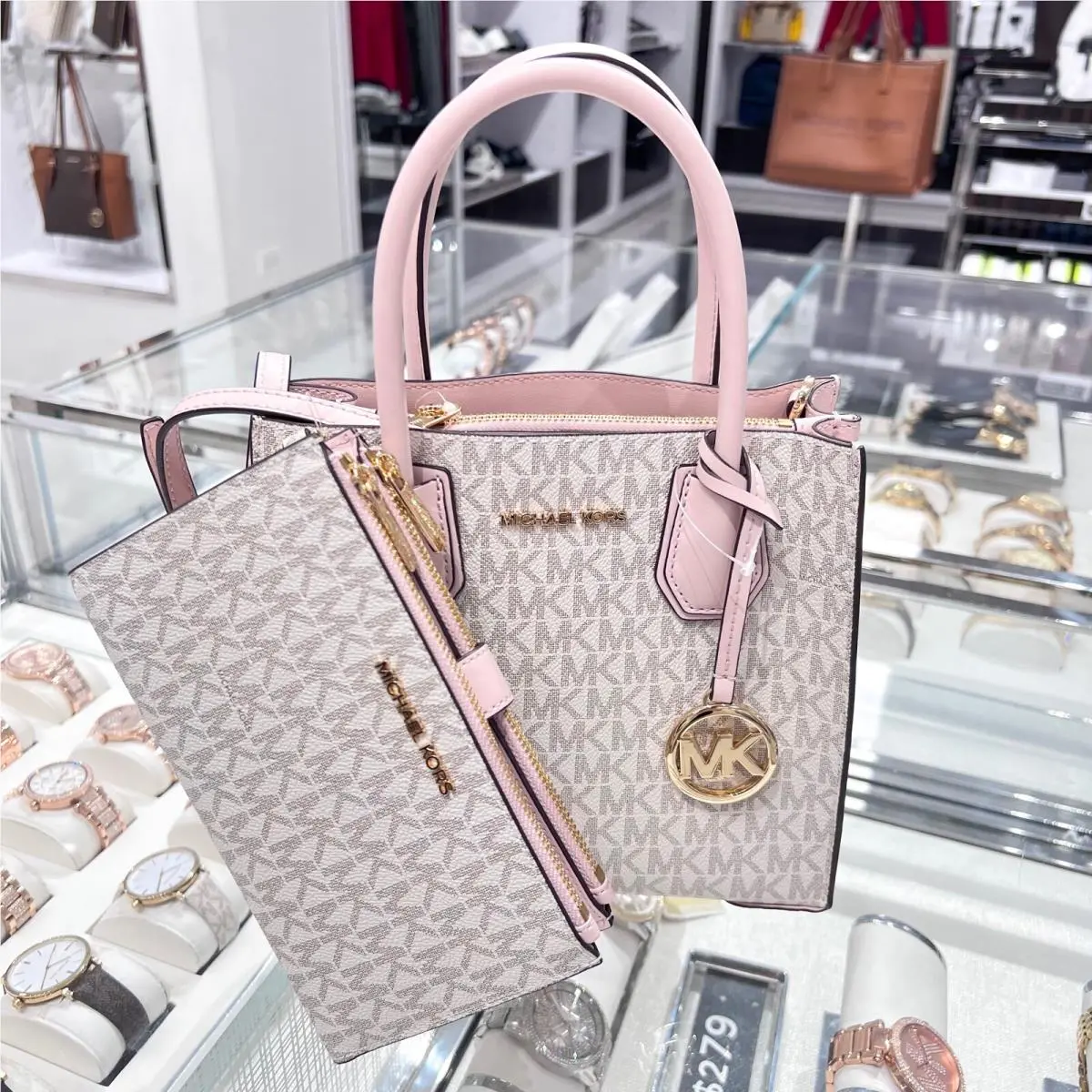 Michael Kors Mercer Messenger Crossbody Bag + Wallet Set Vanilla Powder Blush