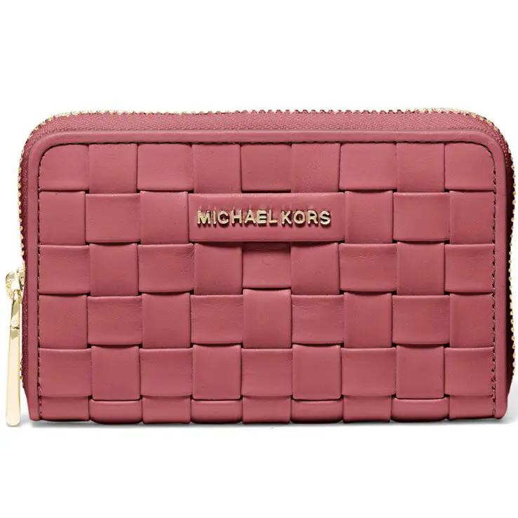 Michael Kors Jet Set Woven Leather Zip-around Card Case Light Berry Sorbet