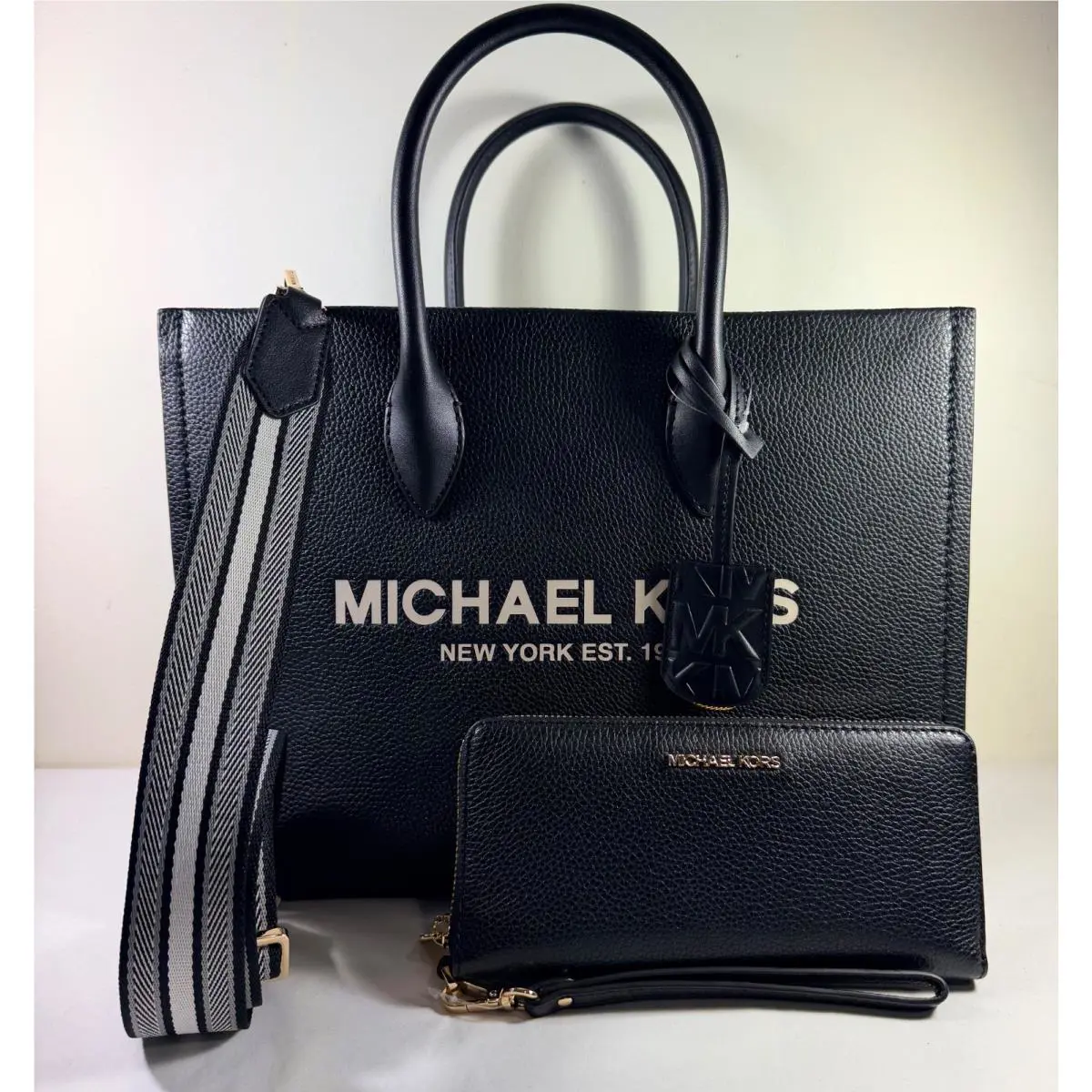 Michael Kors Mirella Medium EW Black Leather Satchel Shoulder Tote Wallet