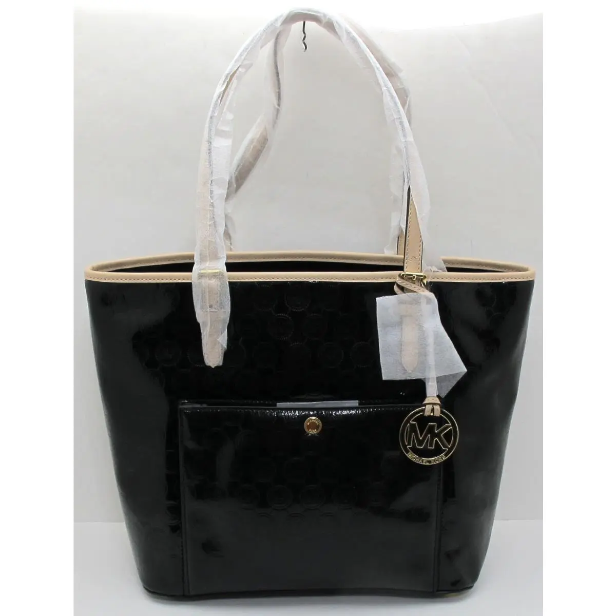 Michael Kors Jet Set Large Snap Pocket Shiny Leather MK Monogram Tote Black