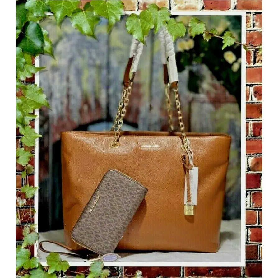 Michael Kors Mercer Med Chain M/f Tote Bag + Wallet In Luggage Brown Gold