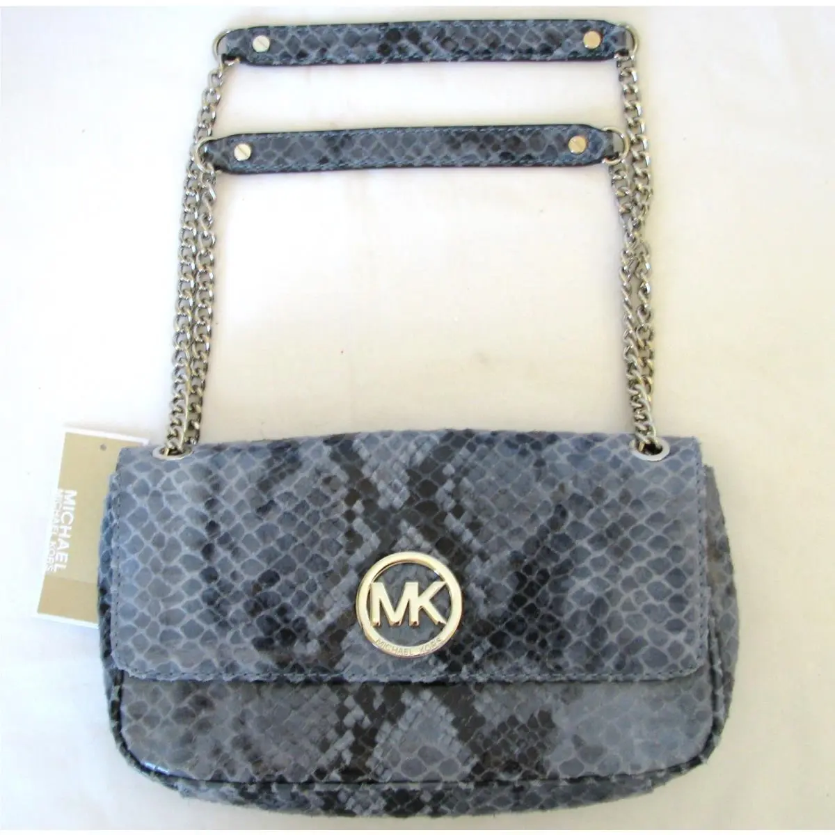 Michael Kors Fulton Denim Blue Python Leather+silver Chain Shoulder Flap Bag