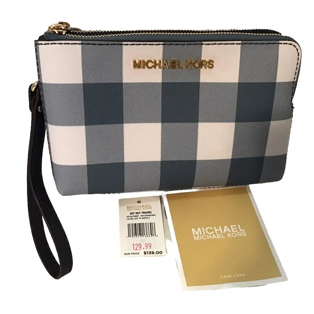 Michael Kors Jet Set Travel Wristlet Navy Denim and White Checked