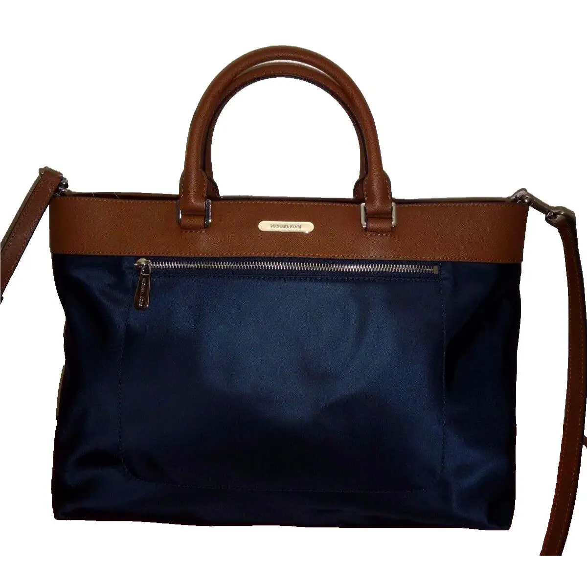 Michael Kors Women`s Colgate MK Tote Bag Navy Blue Nylon Brown Silver 38T6XCGT3C