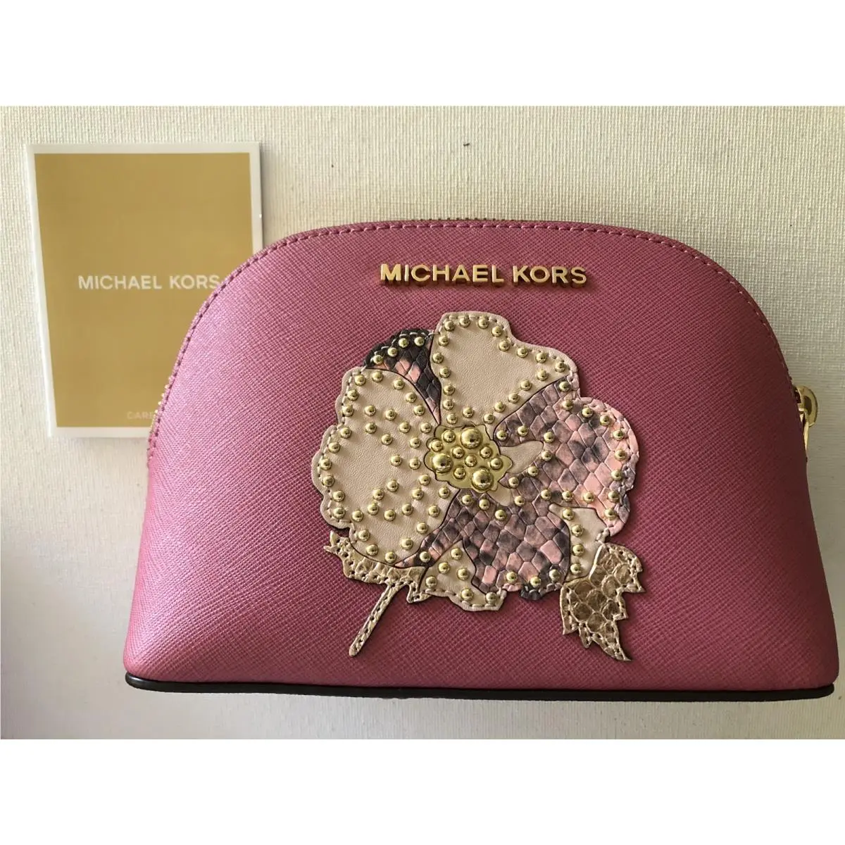 Michael Kors Jet Set Travel Leather Flower Studded Cosmetic Case Tulip