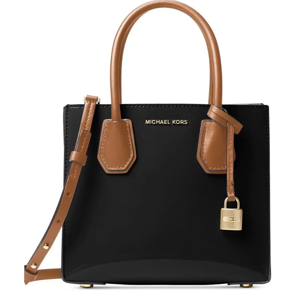 Michael Kors Mercer Studio Medium Messenger Tote Leather Lock Black Bag