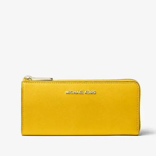 Michael Kors Jet Set Travel Large Yellow Saffiano Leather Quarter Zip Wallet