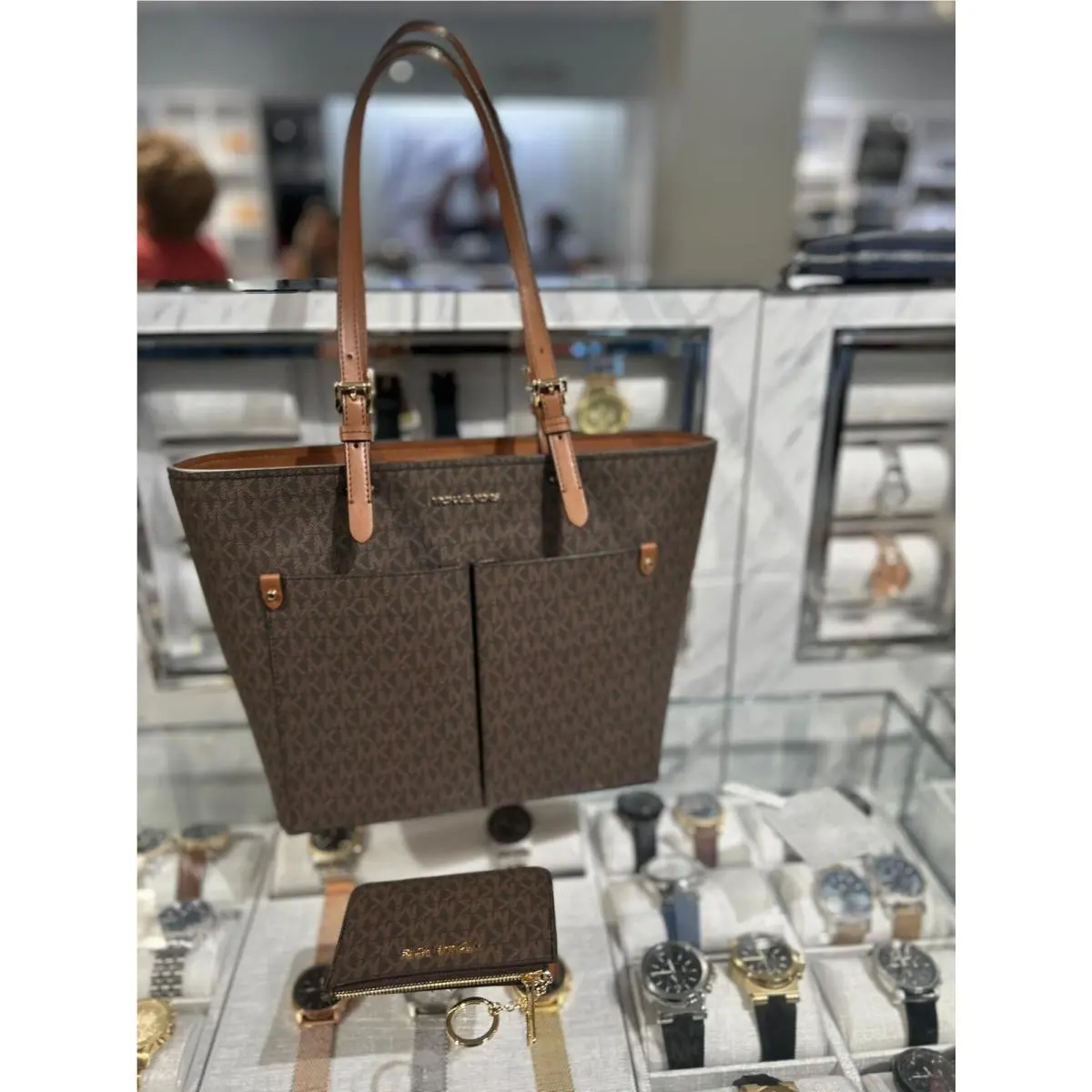 Michael Kors Travel MD Double Pocket Tote Bag+zip Coin Pouch ID Wallet Brown
