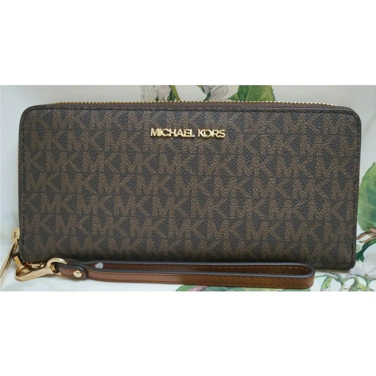 Michael Kors Jet Set Travel Large Continental Wallet Wristlet In Brown Gold