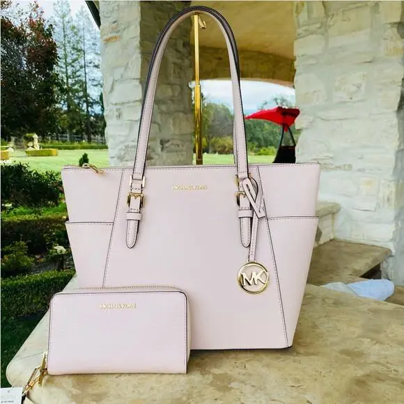 Michael Kors Charlotte MK Leather Tote Handbag Purse Bag Bundled Wallet Blush