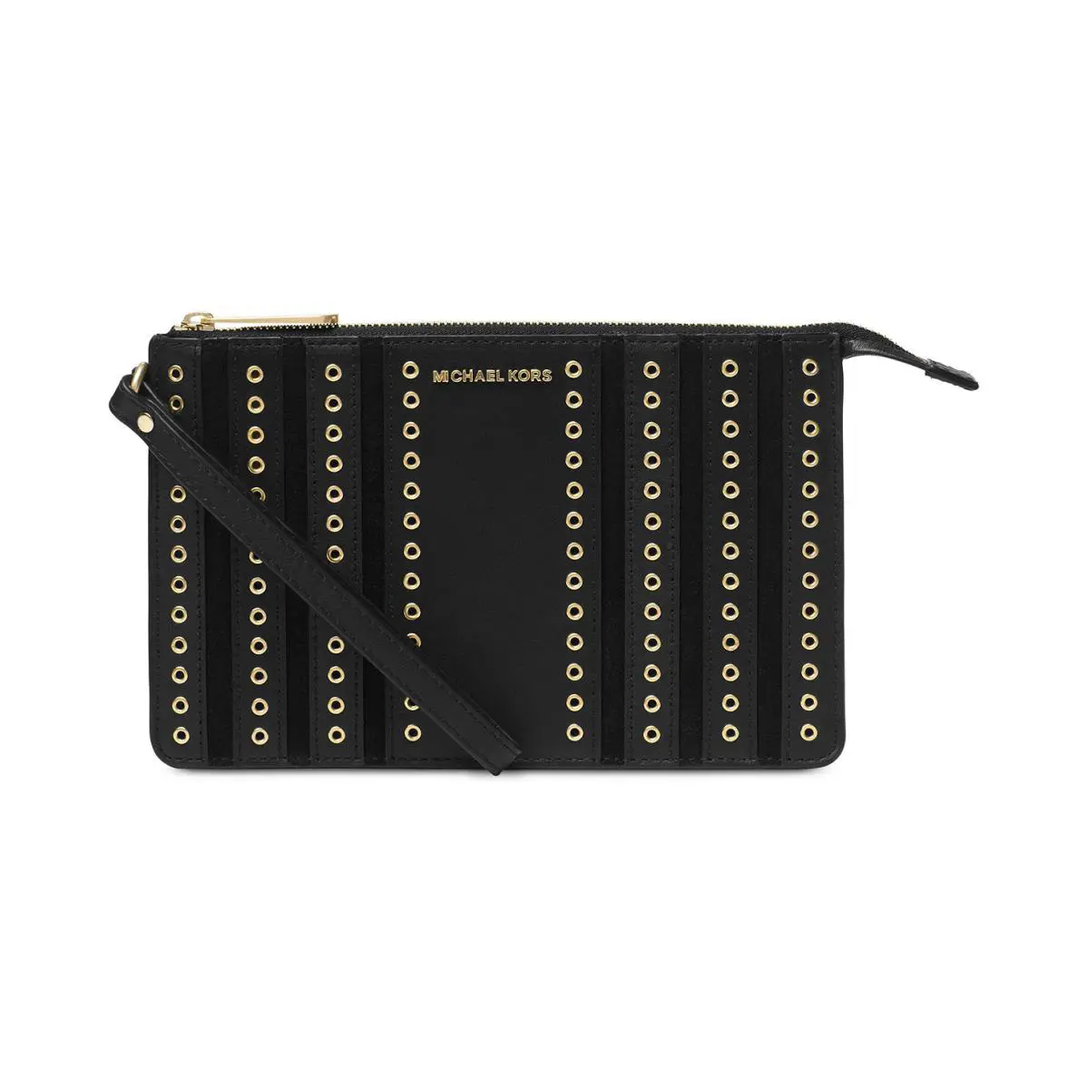 Grommets Black Leather Gold Tone Stripes Zipper Wristlet Clutch by Michael Kors