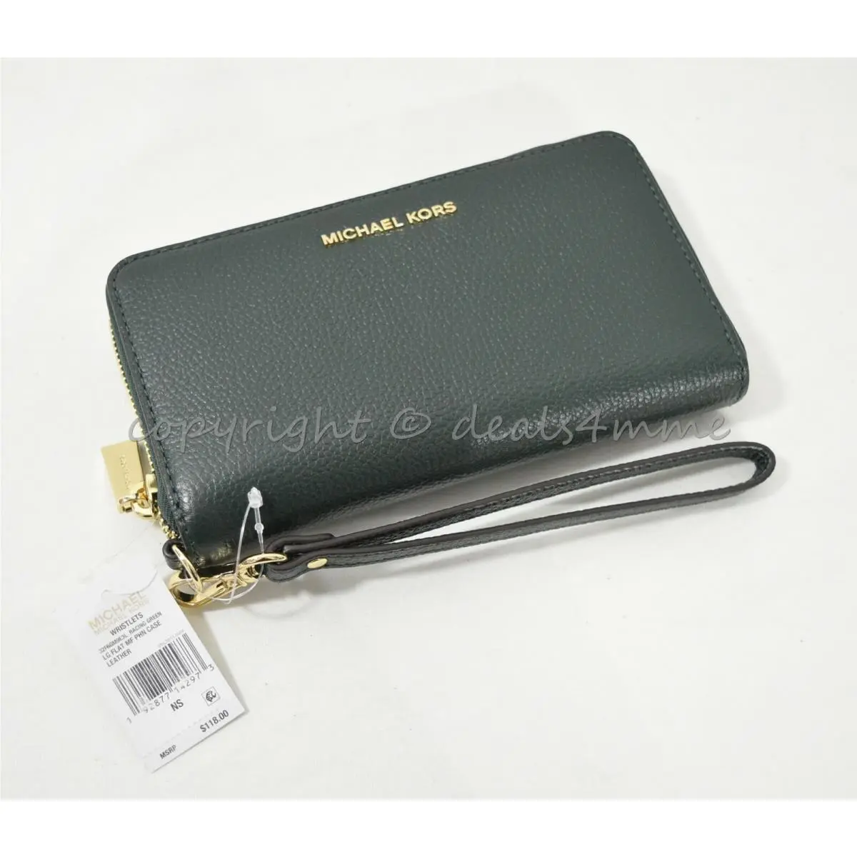 Michael Kors Large Multifunction Phone Case Pebbled Leather Wallet/wristlet Gree