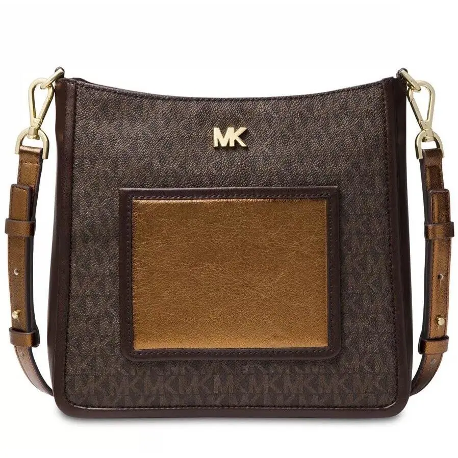 Michael Kors Signature Metallic Gloria Pocket Swing Pack Crossbody Brown Bag