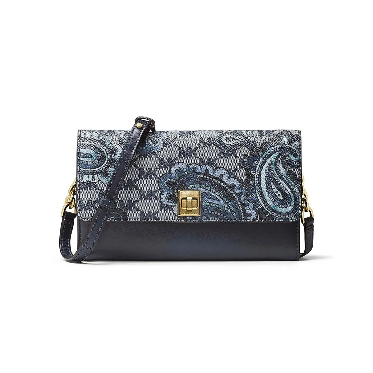 Michael Kors Studio Paisley Natalie XL Chain Navy Blue Wallet Clutch Crossbody