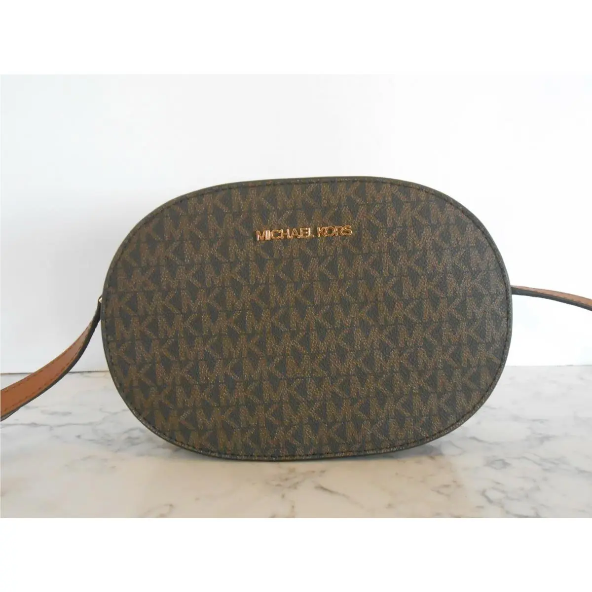 Michael Kors Jet Set Travel Oval Crossbody MK Logo Brown