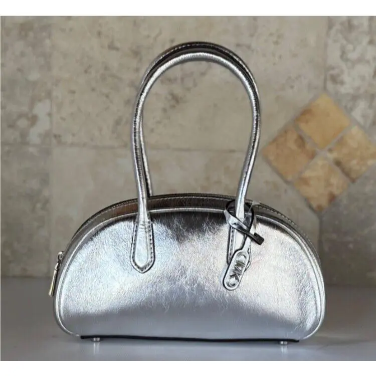 Michael Kors Lulu Small Mini Duffle Satchel Leather Bag Silver