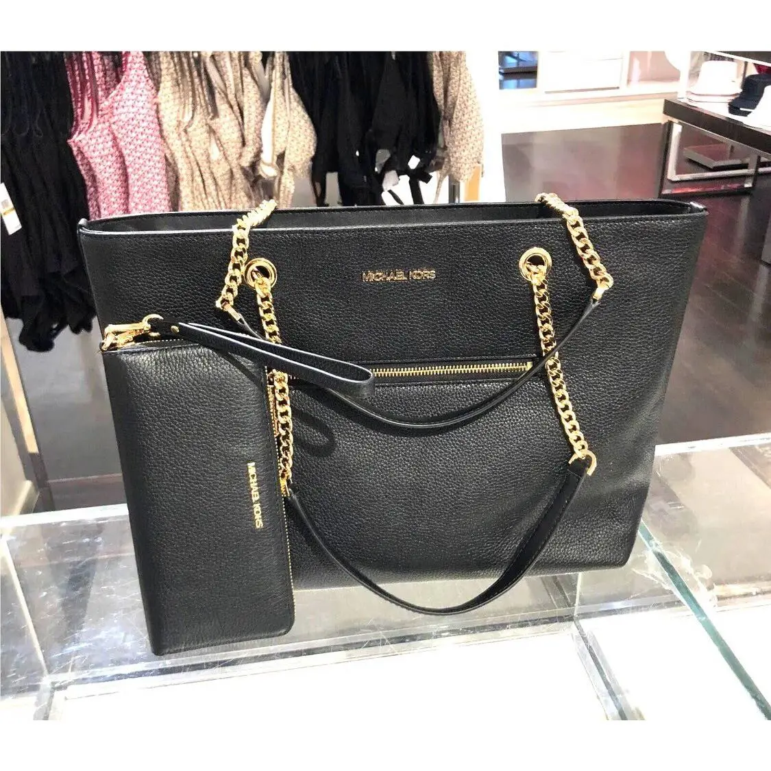 Michael Kors Jet Set Item Medium Leather Tote Bag + Wallet Set In Black