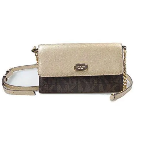 Michael Kors Jet Set Item Brown+pale Gold Pvc Phone Chain Crossbody Shoulder