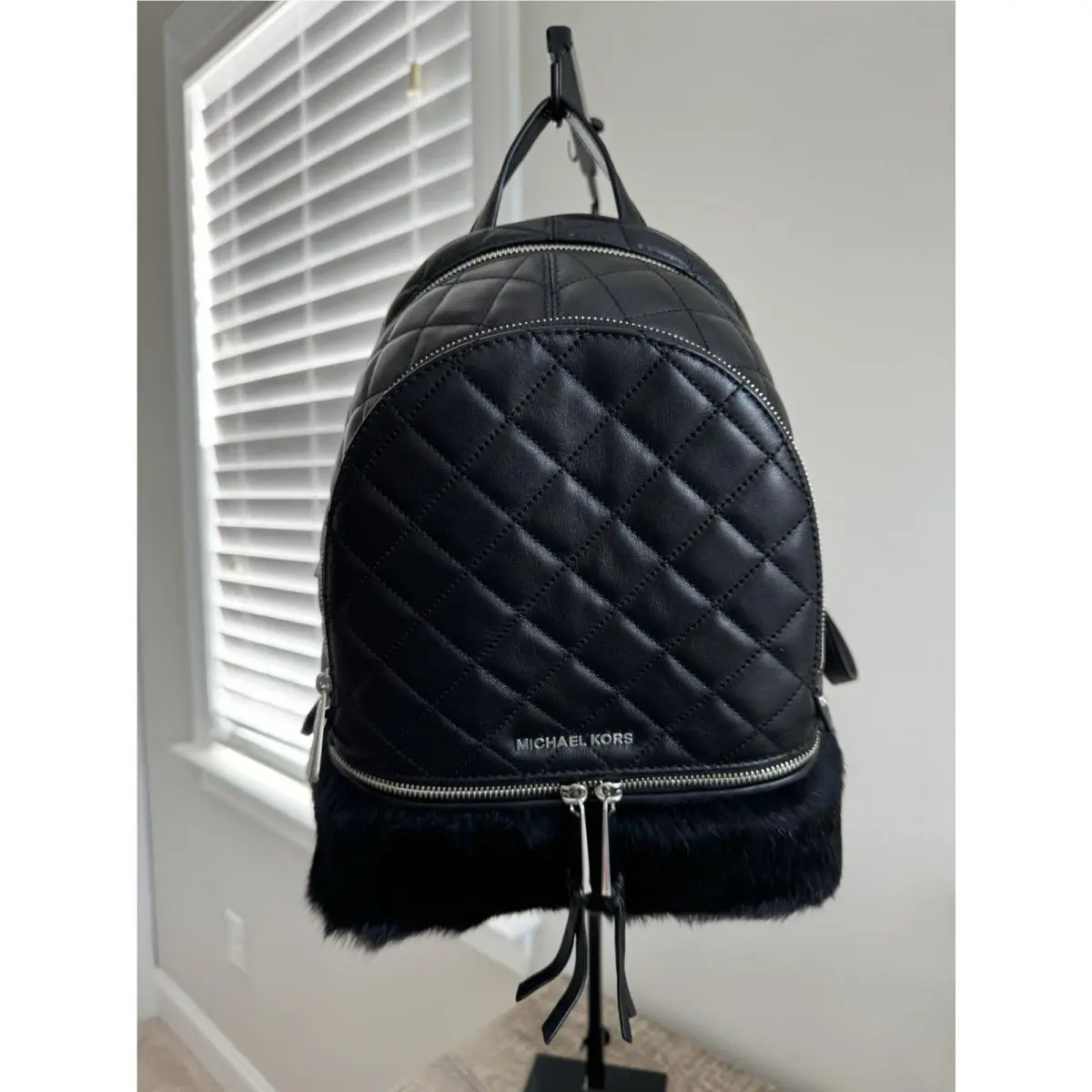Michael Kors Rhea Zip with Fur Trim Medium Backpack Bag Purse Black