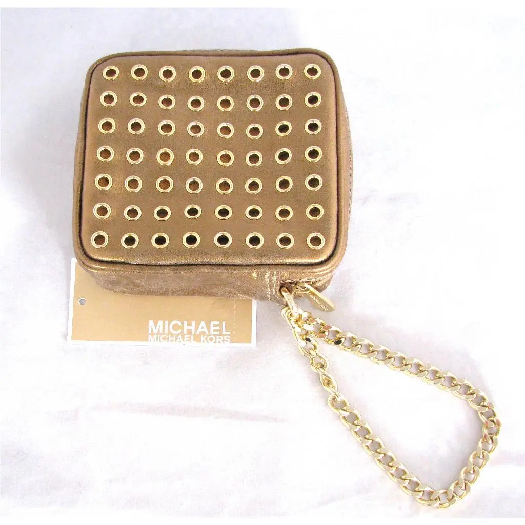 New-michael Kors Collette Bronze with Gold Studs Small Pouch Wristlet Bag Wallet