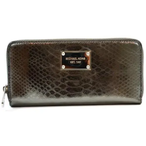 New-michael Kors Items Gunmetal Python Embossed Leather Zip-around Wallet Clutch
