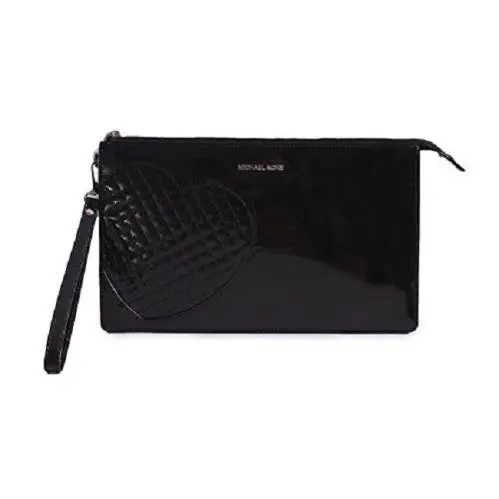 Michael Kors Daniela Black Pvc Quilted Heart Gold Large Wristlet Clutch Bag