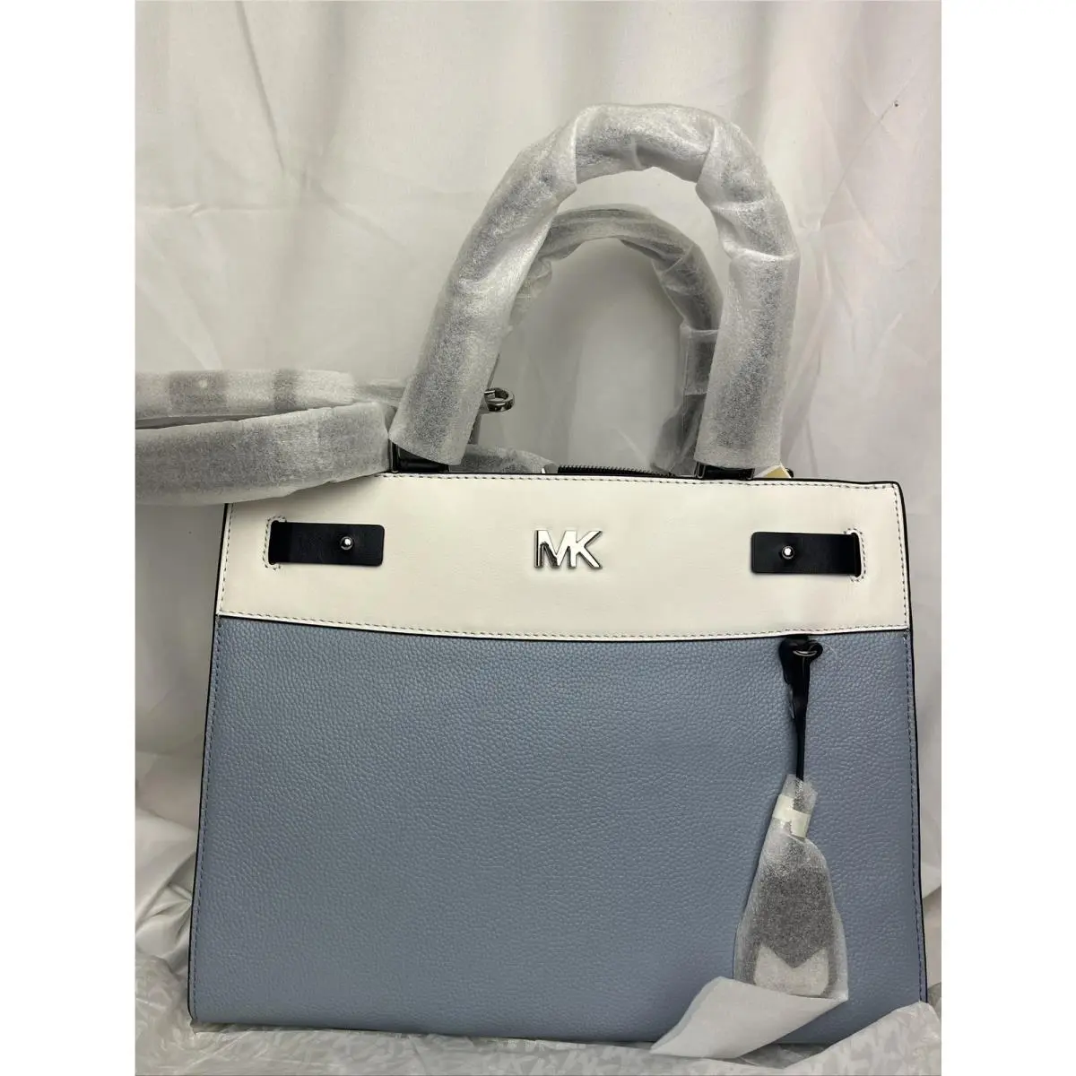 Michael Kors Reagan Large Leather Satchel/shoulder Bag in Pale Blue/white