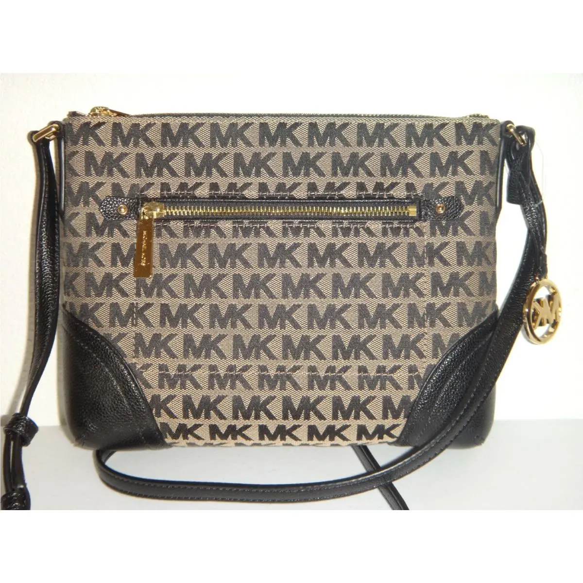 Michael Kors Fallon MK Signature Beige Black Jacquard Messenger Shoulder Bag