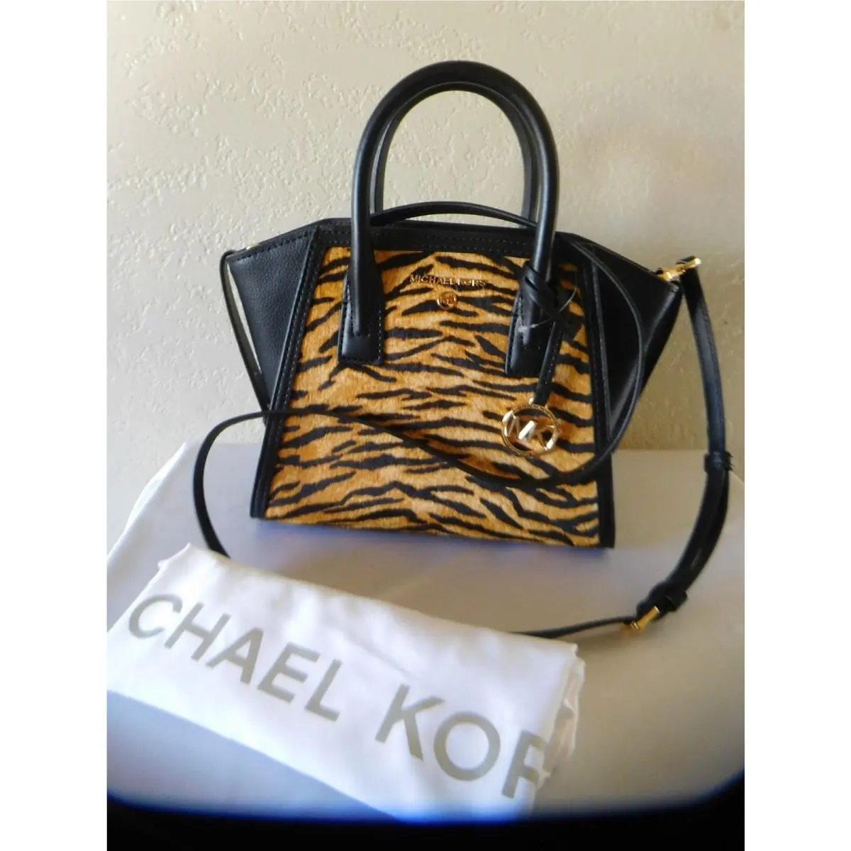 Michael Kors Avril Tiger Print Haircalf Sm. Zip Top Satchel Crossbody Bag