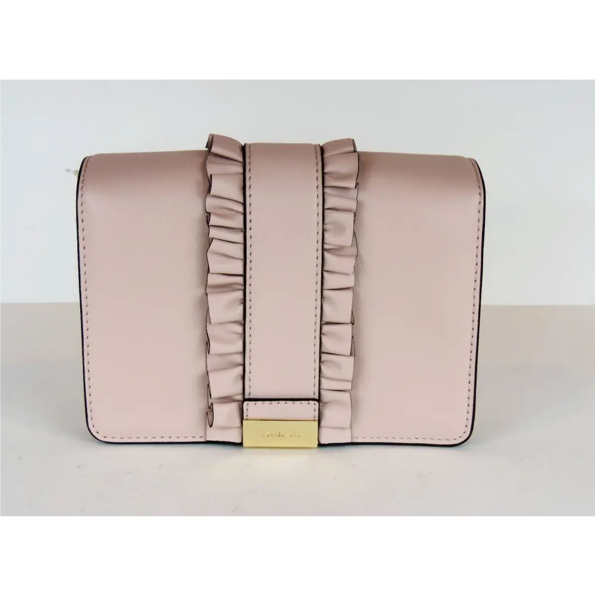 Michael Kors Jade MD Gusset Clutch Rows Ruffles Bag Leather Snap Solf Pink