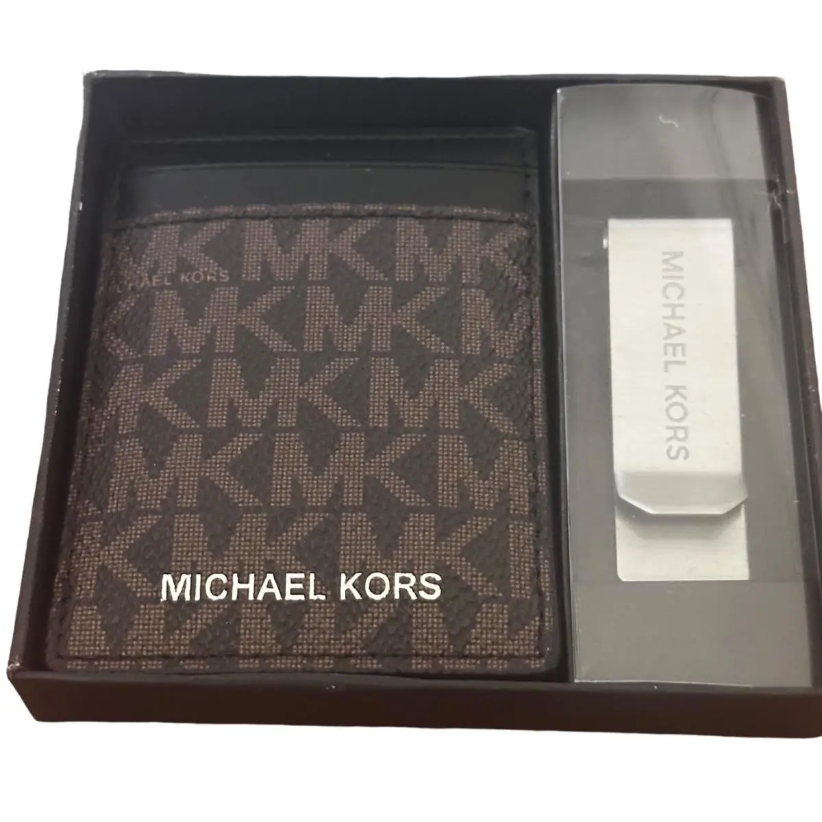 Michael Kors Gifting Card Case Money Clip-black Brown- Signature Mks- Gift Box