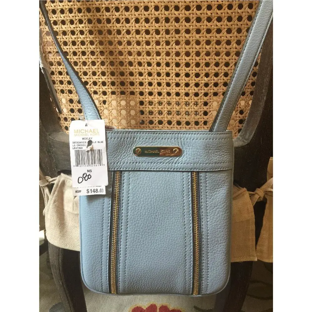 Michael Kors Moxley Leather Crossbody Handbag Pale Blue Zipper Detail