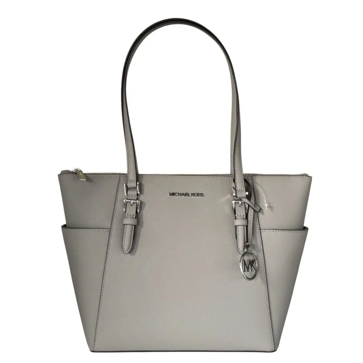 Michael Kors Charlotte Large Top Zip Saffiano Leather Tote Bag Pearl Grey