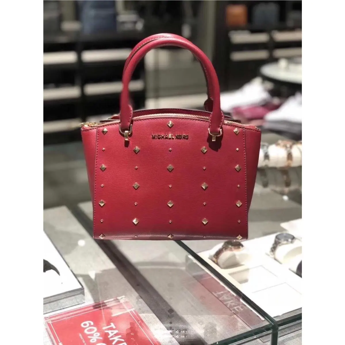 Michael Kors Ellis Small Convertible Satchel Crossbody Stud Cherry Red