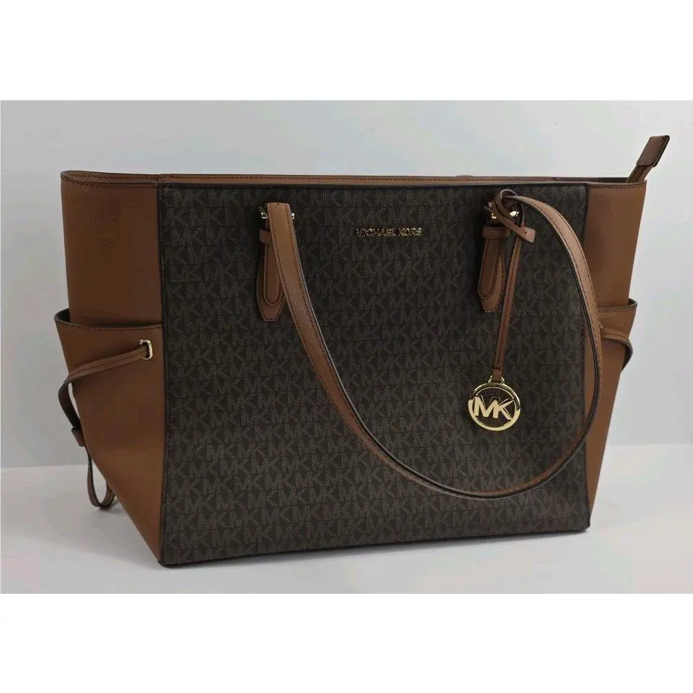 Michael Kors Gilly Travel MK Brown Large Drawstring Top Zip Tote Shoulder Bag